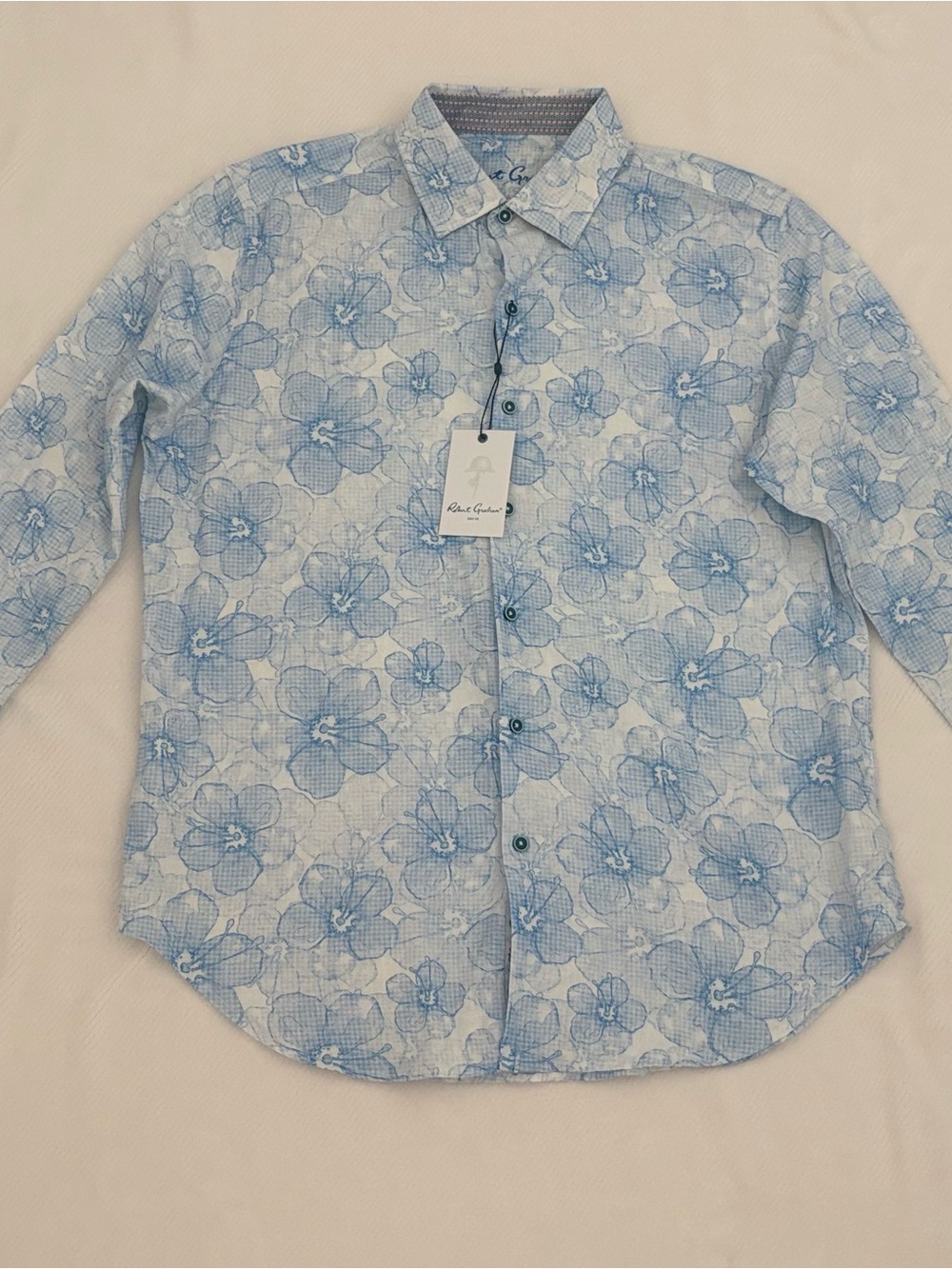 Robert Graham Linen Shirt Blakely Floral Diamond Print Cotton Blue Sz M $198